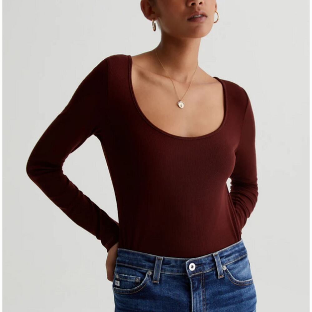 AG Adriano Goldschmied Womens Jaxon Ribbed Basic Long Sleeve Top Size XL Brown‎